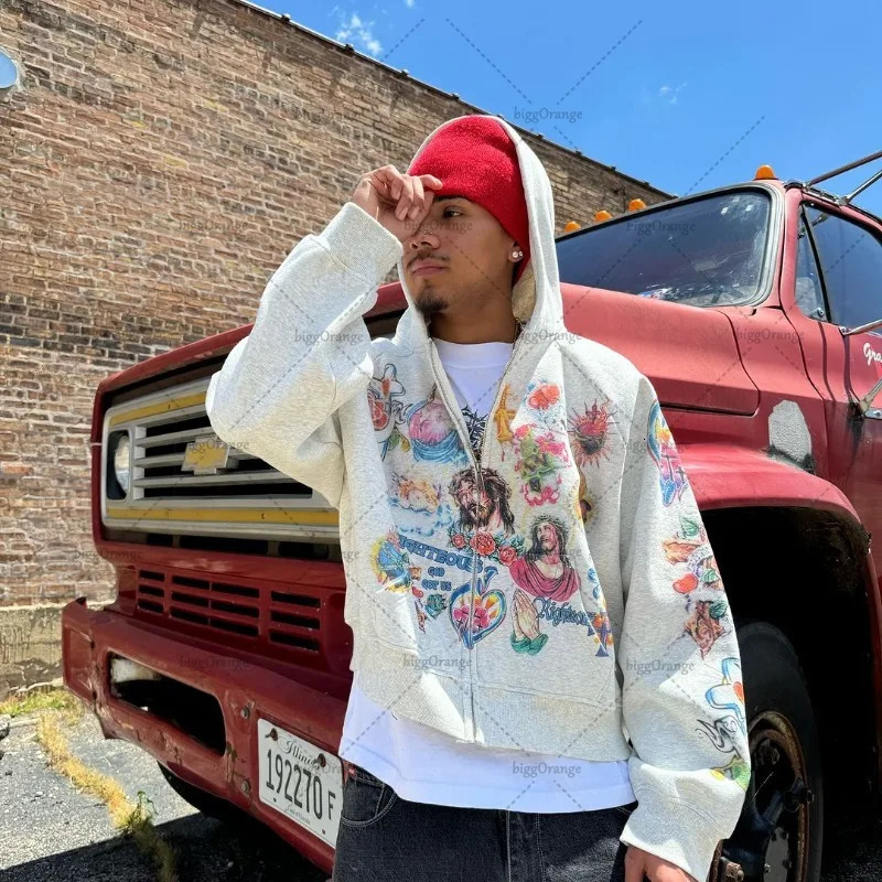 Y2K Harajuku retro oversized zipper hoodie American style cross print fashionable and casual fully matched sportswear jacket 241010