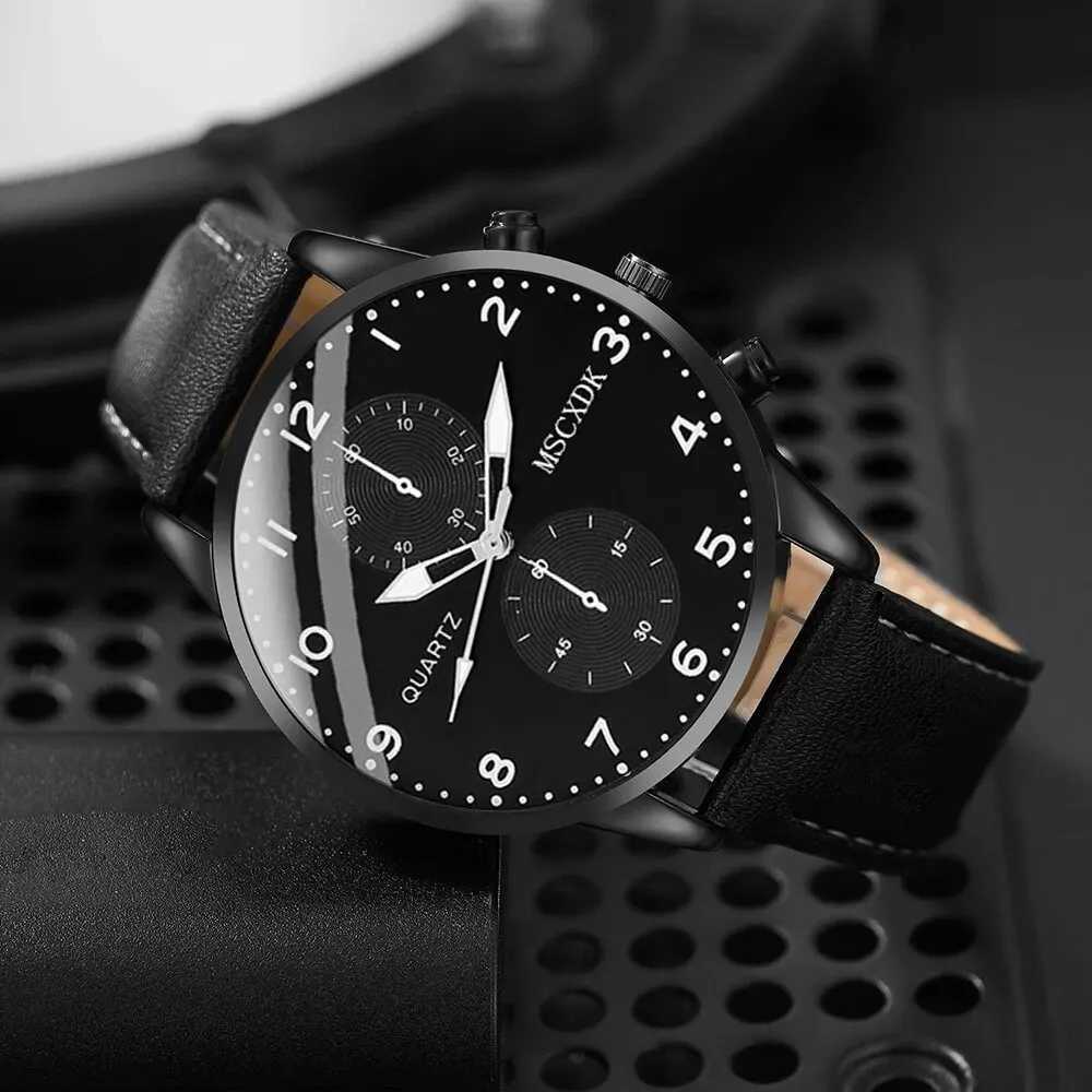 2pcs Black Round Quartz Watch With Leather Bracelet Men Business Watch Fashion Casual For Daily SportsX241010