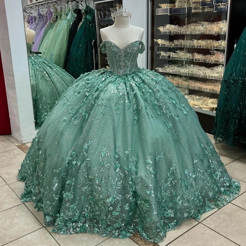 Green Shiny Princess Quinceanera Dresses Off Shoulder Sequin Applique Lace Beads Crystal Lace-up Corset Cathedral Train Vestido De15 Anos