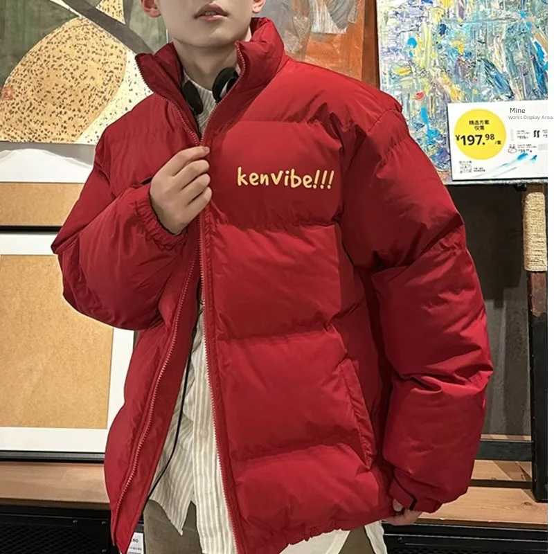 Men's Down Parkas American style retro letter printed Cropped thick standing collar cotton coat mens fashionable warm and cushioned jacket Y24100