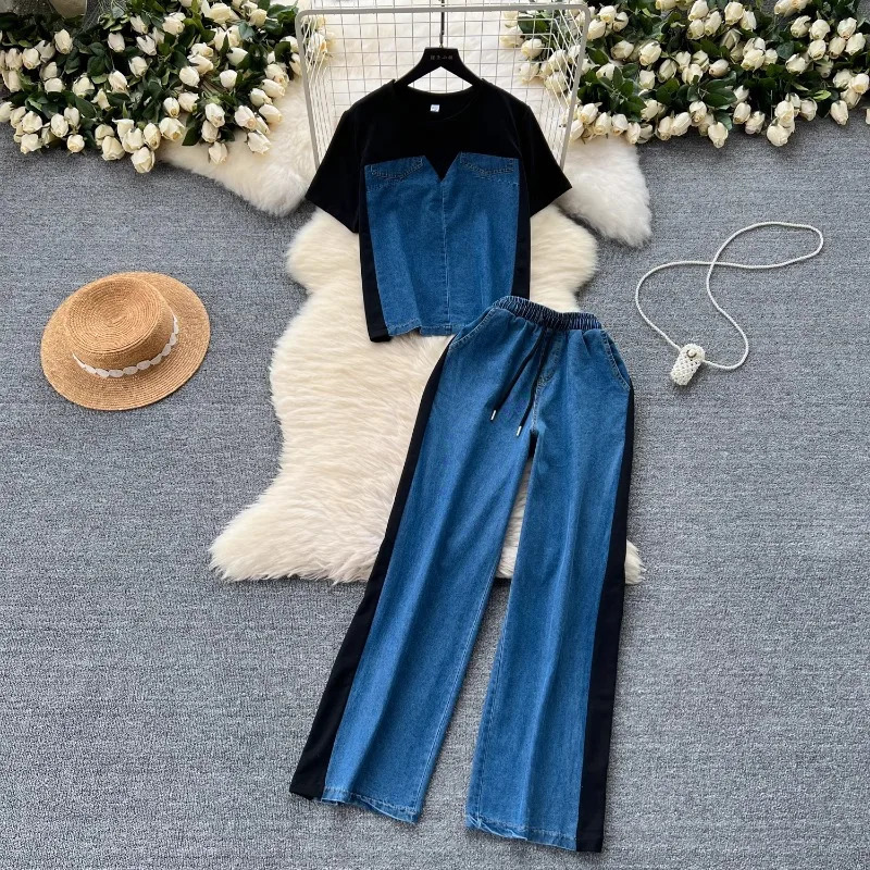 Neploe Simple Fashion Short Sleeve Spliced Denim Top WomensHigh Waist Wide Leg Pants Summer Two Piece Set 241008