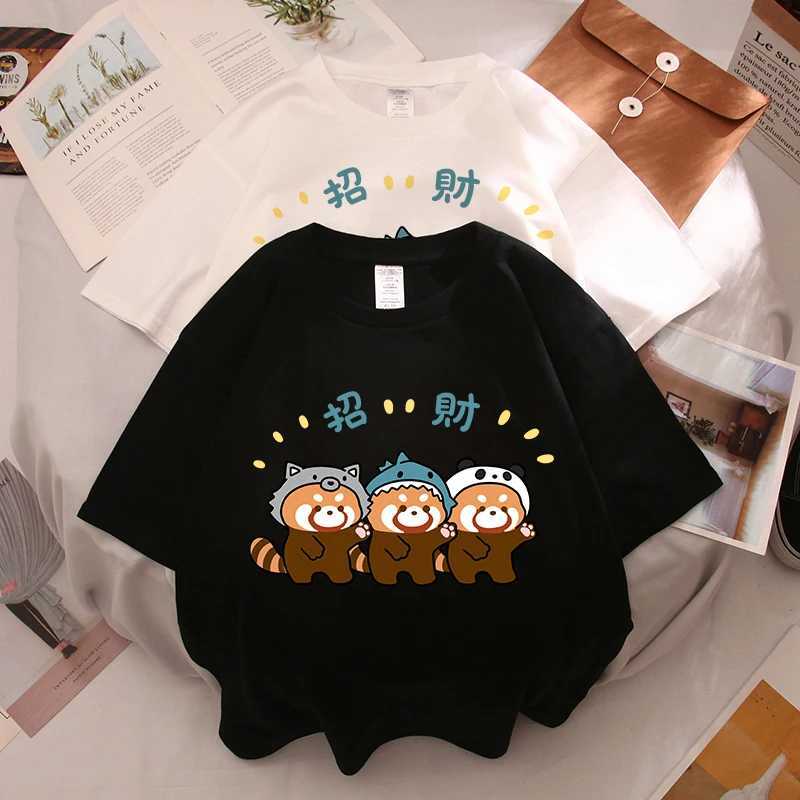 Interesting panda and raccoon illustrations printed mens and womens short sleeved summer cotton breathable T-shirt casual loose T-shirtW240716