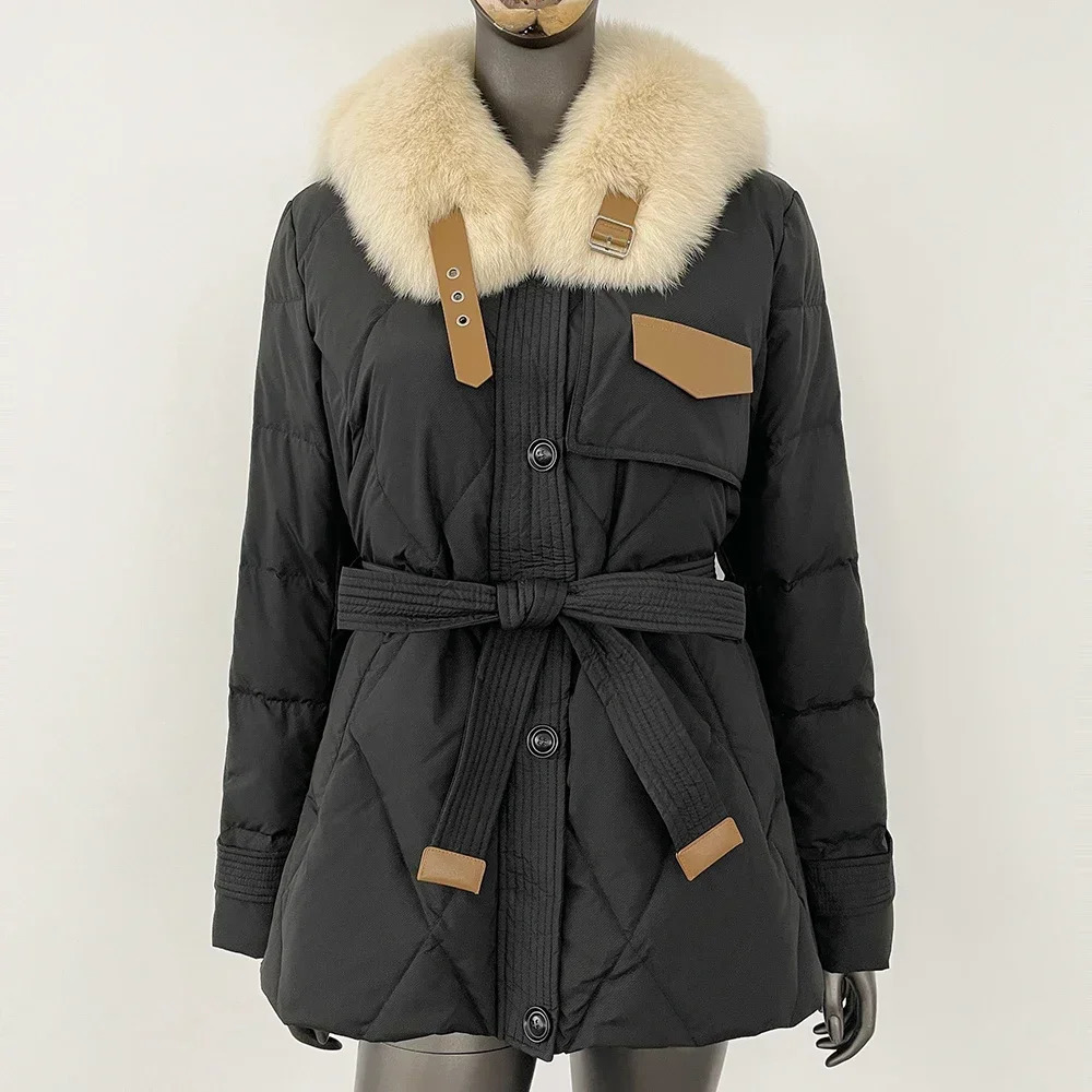 White duck down jacket fashionable lace top fox fur collar thick warm jacket autumn winter real fur coat real fur coat 241007