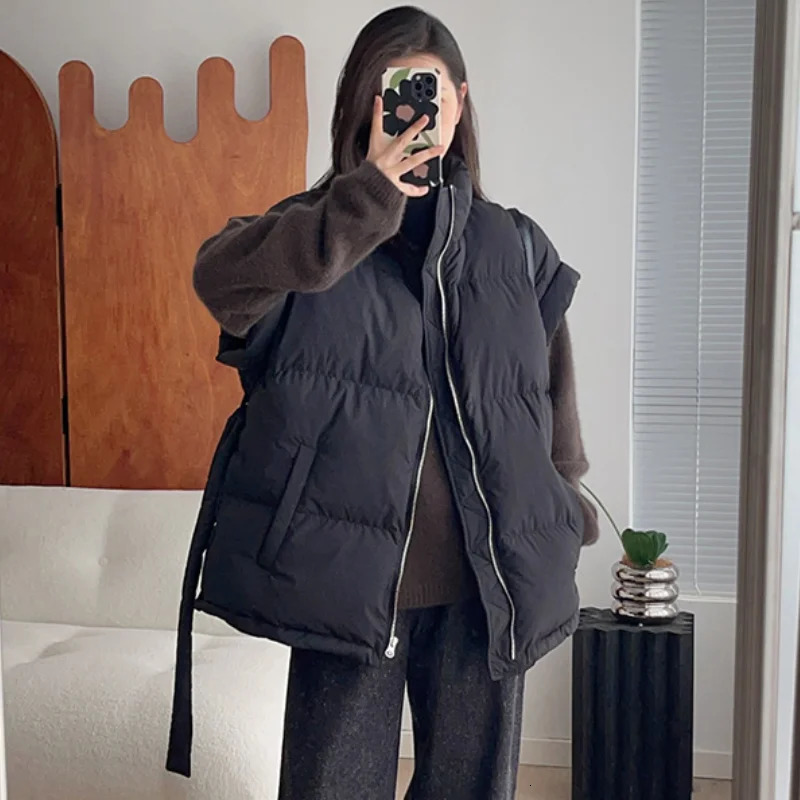 Womens short sleeved vest sleeveless jacket with waistband thick waisted coat loose warm waistcoat stand up collar Korean fashion 241009