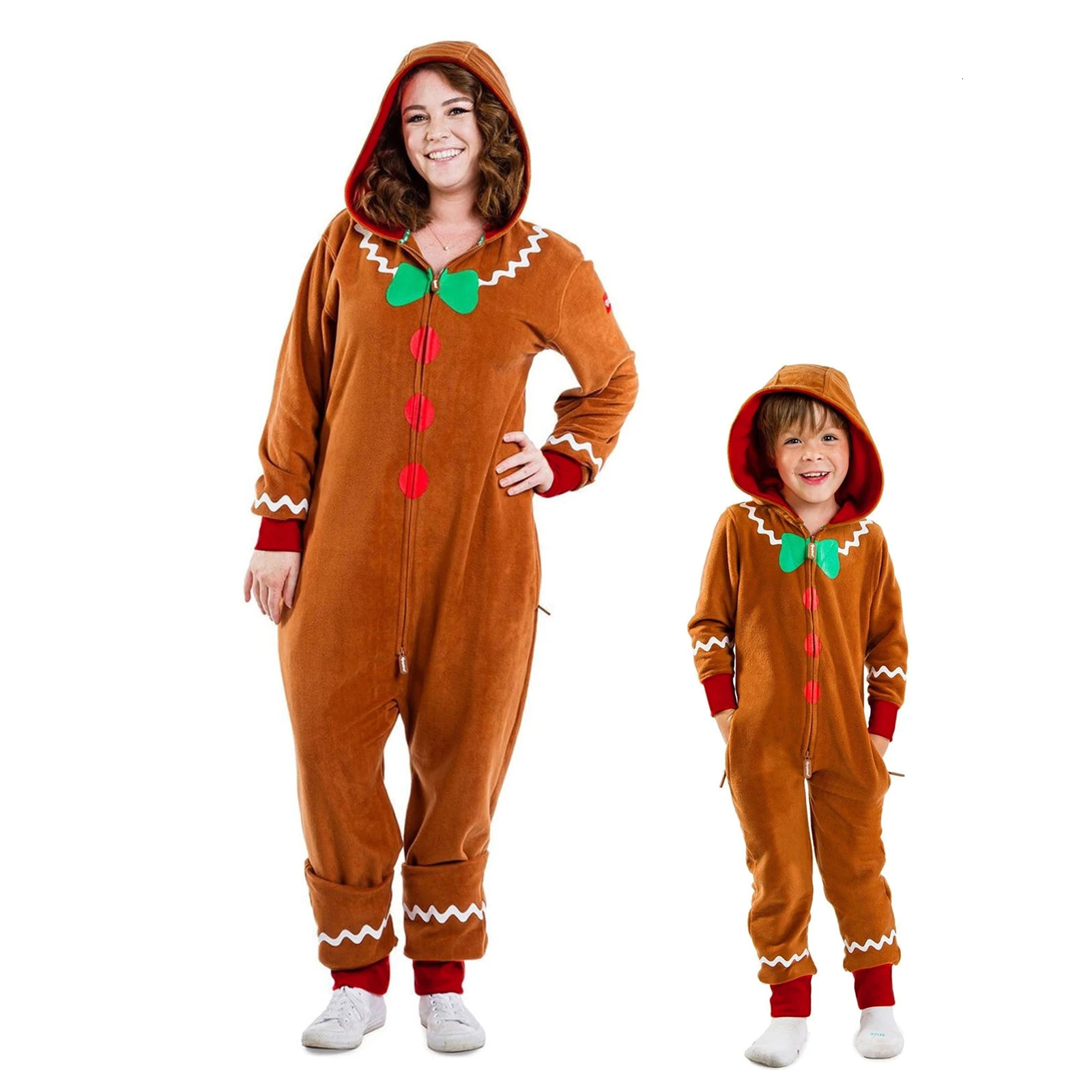 Adult Christmas costume gingerbread long sleeved zipper hooded jumpsuit suitable for womens party roleplaying 241007