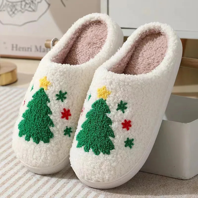 Women Christmas Tree Slippers Men Retro Slippers Winter Warm Plush House Fluffy Living Room Shoes Female Christmas Gifts 241010