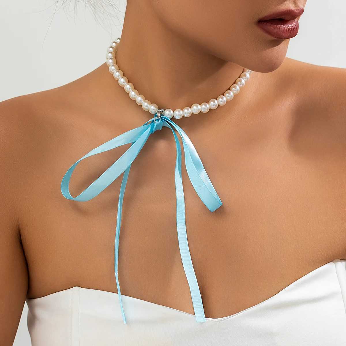Salircon Trend Imitation Pearl Chain Short Necklace Charm Adjustable Colorful Ribbon Bow Necklace Women Wlegant Banquet JewelryX241009