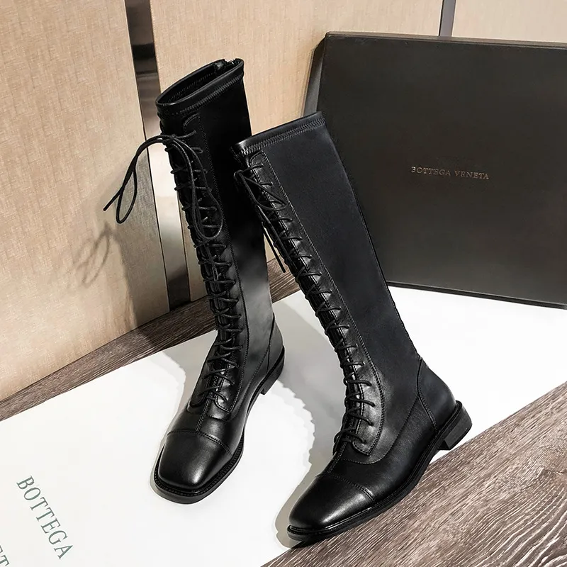 Antumn Winter Lace Up Long Boots Women Designer Low Heel Motorcycle Booties Square Toe Soft Leather Knee High Botas Plush