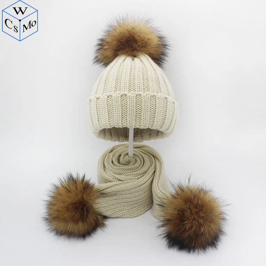 Arrive Winter Kids Hat Scarf Natural Real Raccoon Fur Pompom 3pcs Pom pom Beanies Children Warm Scarf Hats 1-8 Years Old 241008
