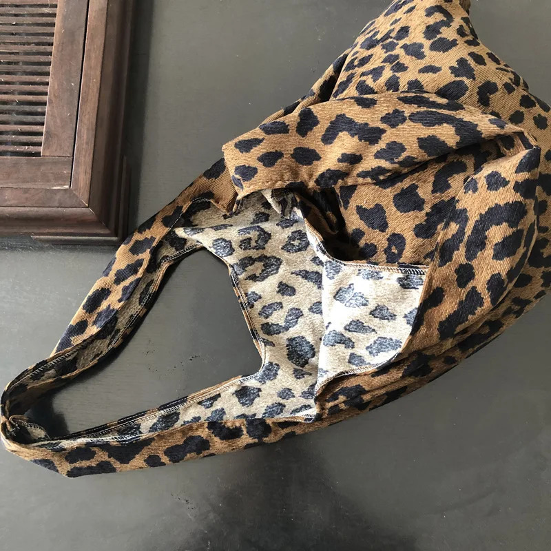 Retro Corduroy Womens Shoulder Shopping Bag Retro Womens Thin Cotton Casual Handbag Leopard Pattern Handbag Tank Top Bag 241008