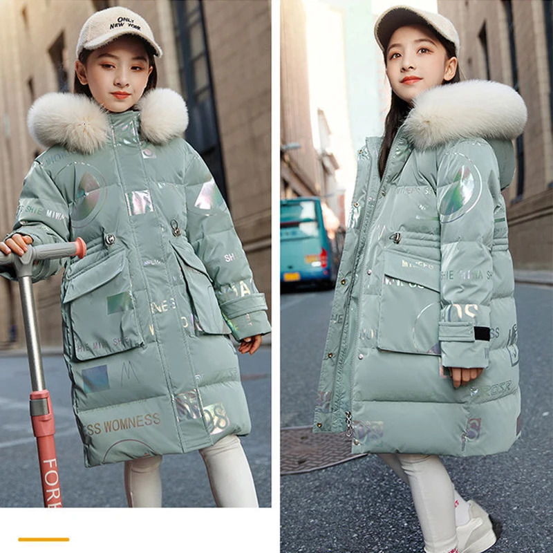 5 6 8 10 12 14 Years Girls Down Jacket Winter Warm Long Style Parka Hooded Zipper Fur Collar Girls Outerwear Kids Clothes 240927