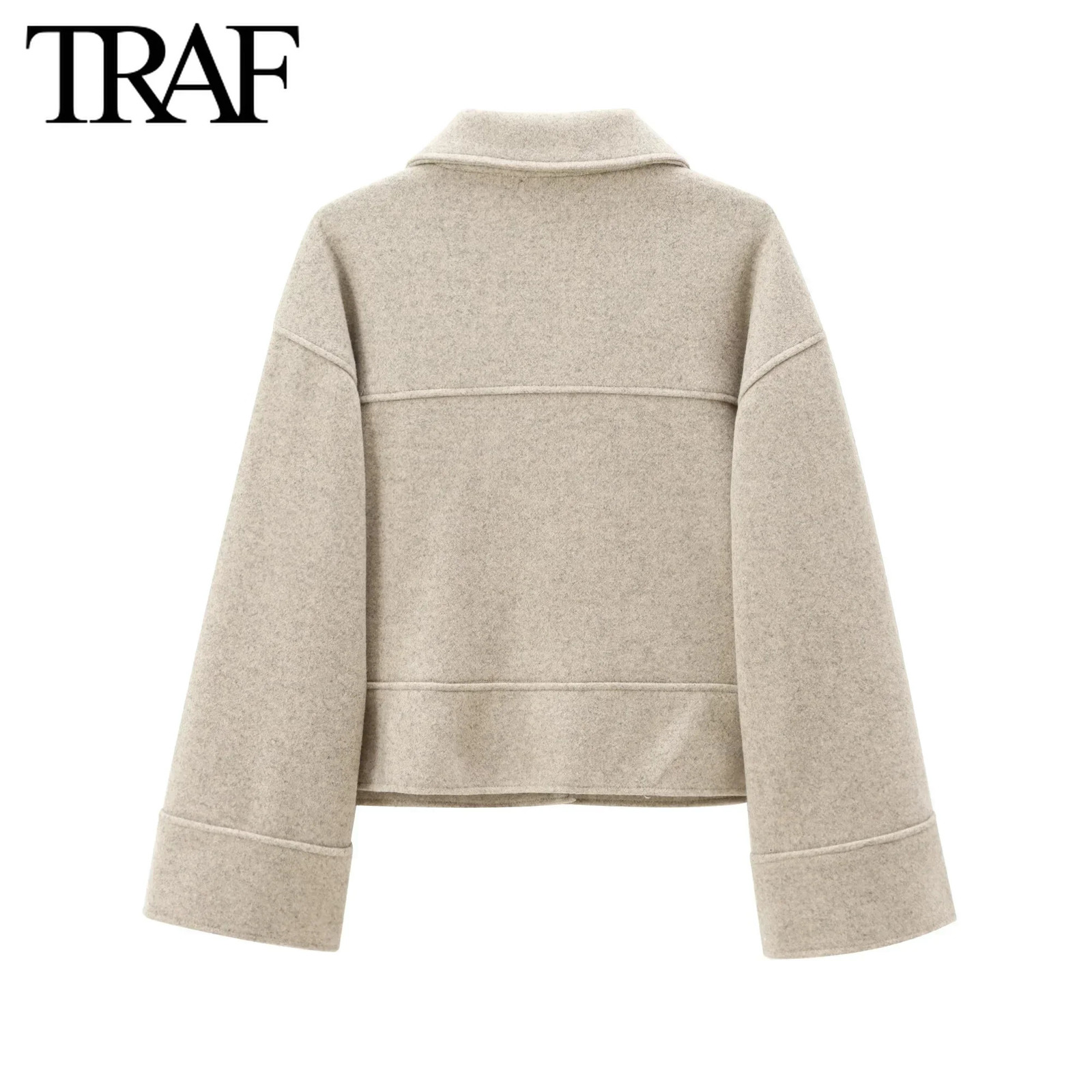 TRAF Women Fashion Autumn Winter Pocket Loose Coat Jacket Long Sleeved Single Breasted Lapel Coats Chic Ladies Tops Mujer 240930