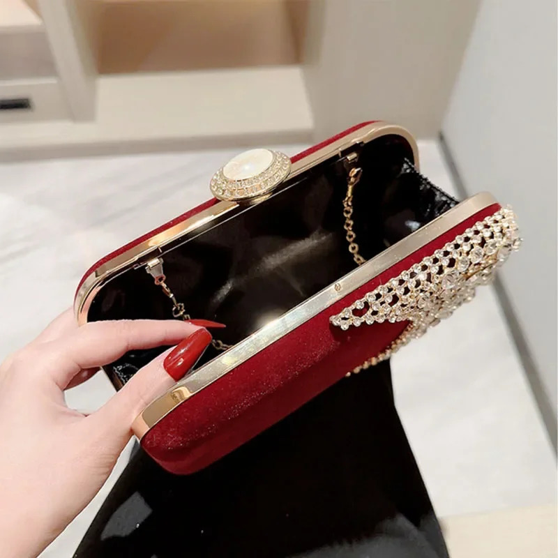 Black Red Velvet Womens Small Clutch Retro Fashion Crystal Diamond Evening Bag Chain Shuld Bag Womens Party Wallet 241008