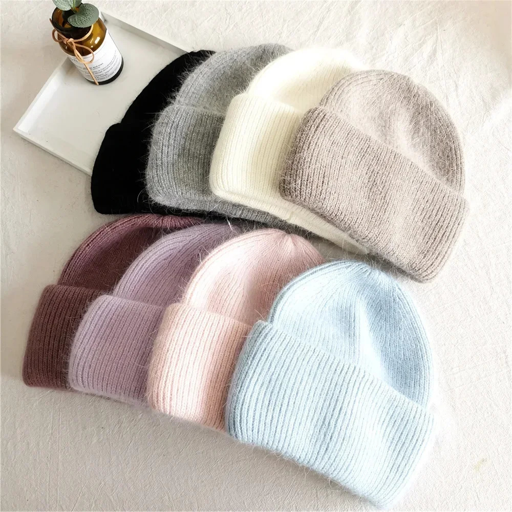 Winter Knitted Beanies Fashion Warm Cashmere Wool Skullies Angola Rabbit Fur Women Cap Female Three Fold Ski Outdoor Hats 241007