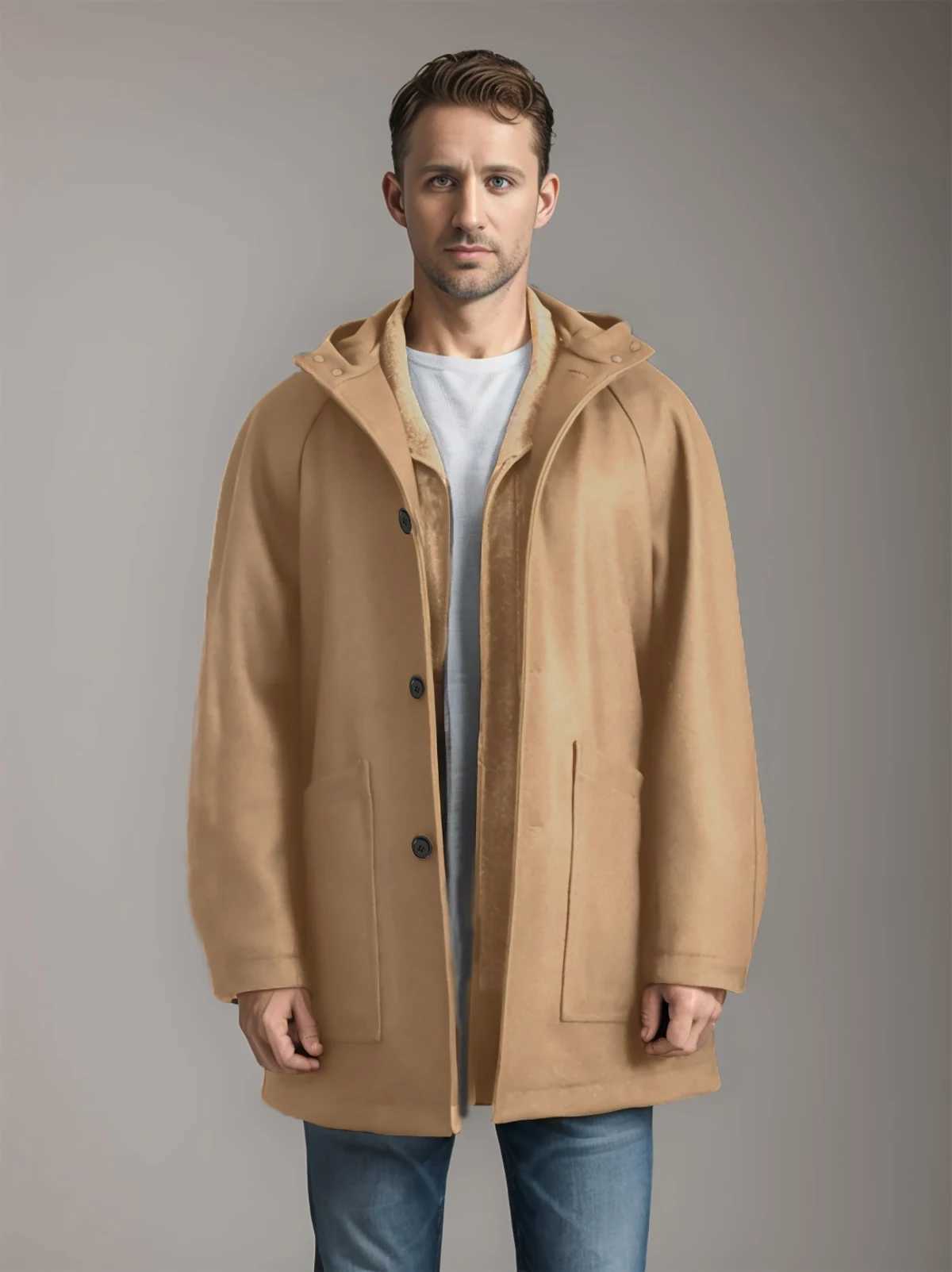 Mens autumn and winter coat mid-length hooded raglan sleeve woolen coat solid color single-breasted large pocket mens coat LX241010