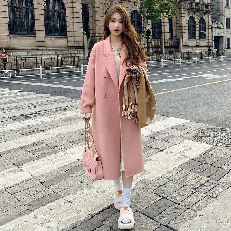 Pink Single-layer Thin Overcoat Womens Autumnwinter Style Korean Loose-fit Medium-length Woolen Jacket 241010