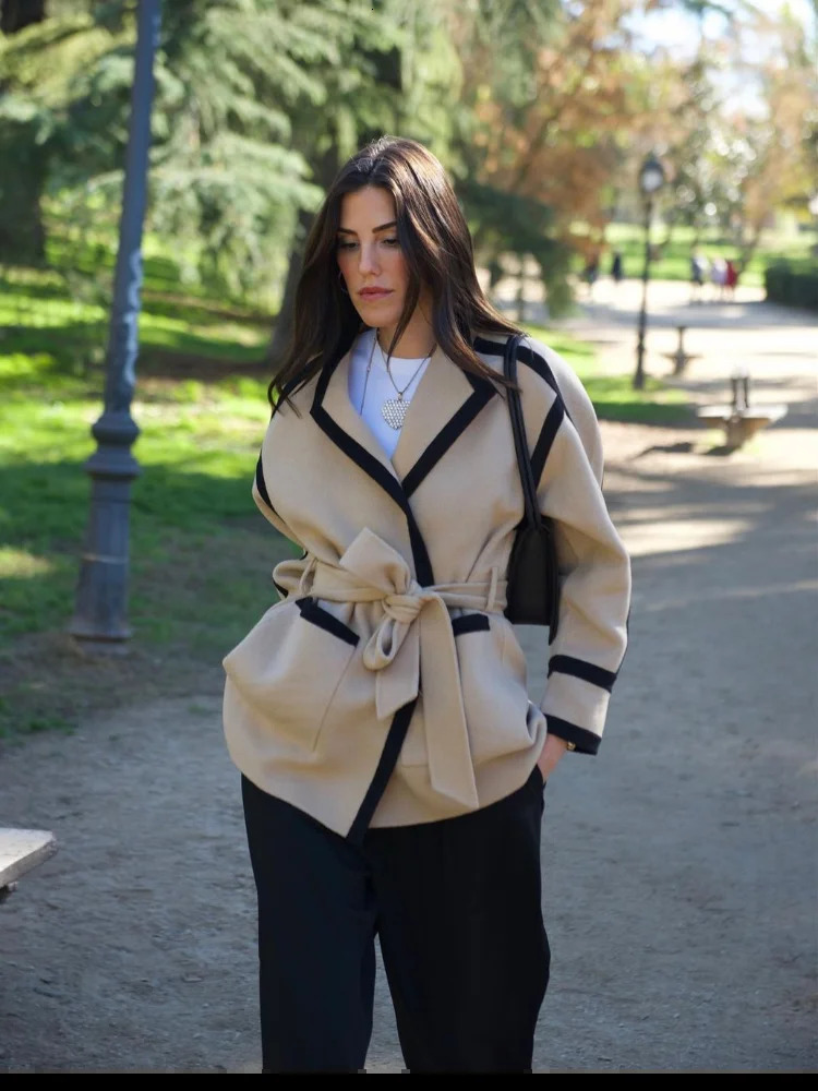 Casual Lace Up Womens Coat Cardigan Long Sleeve Winter Outerwears Fashion High Street Elegant Warm Jacket Female Commut Coats 240930