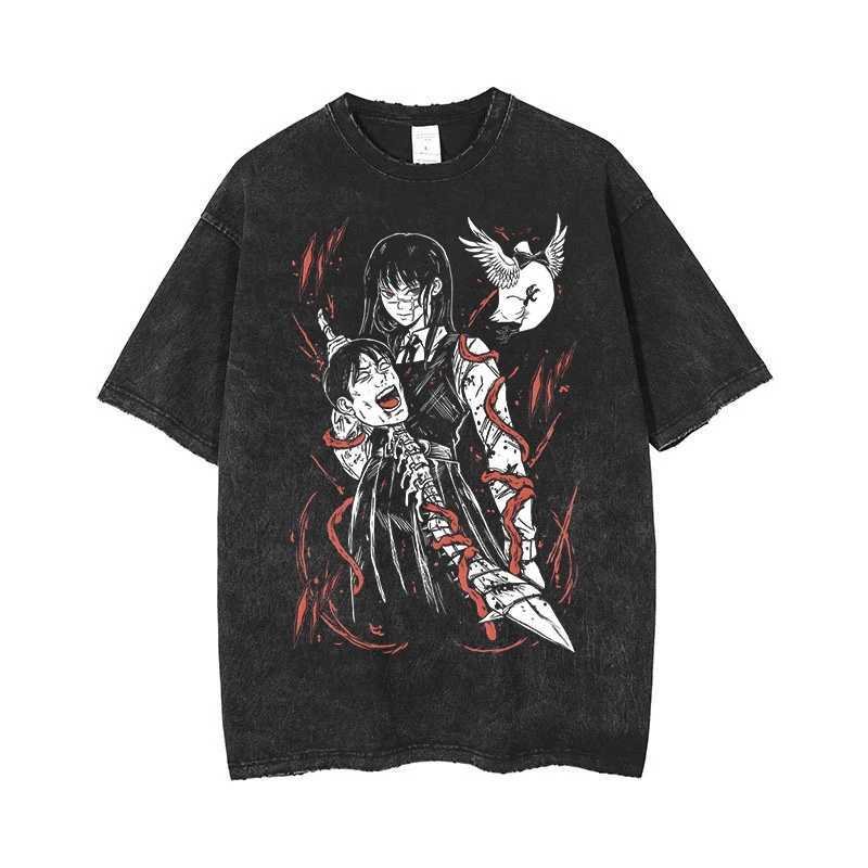 Anime chains mens acid T-shirt retro wash printed graphic T-shirt mens Harajuku cotton casual short sleeved T-shirt topW240716