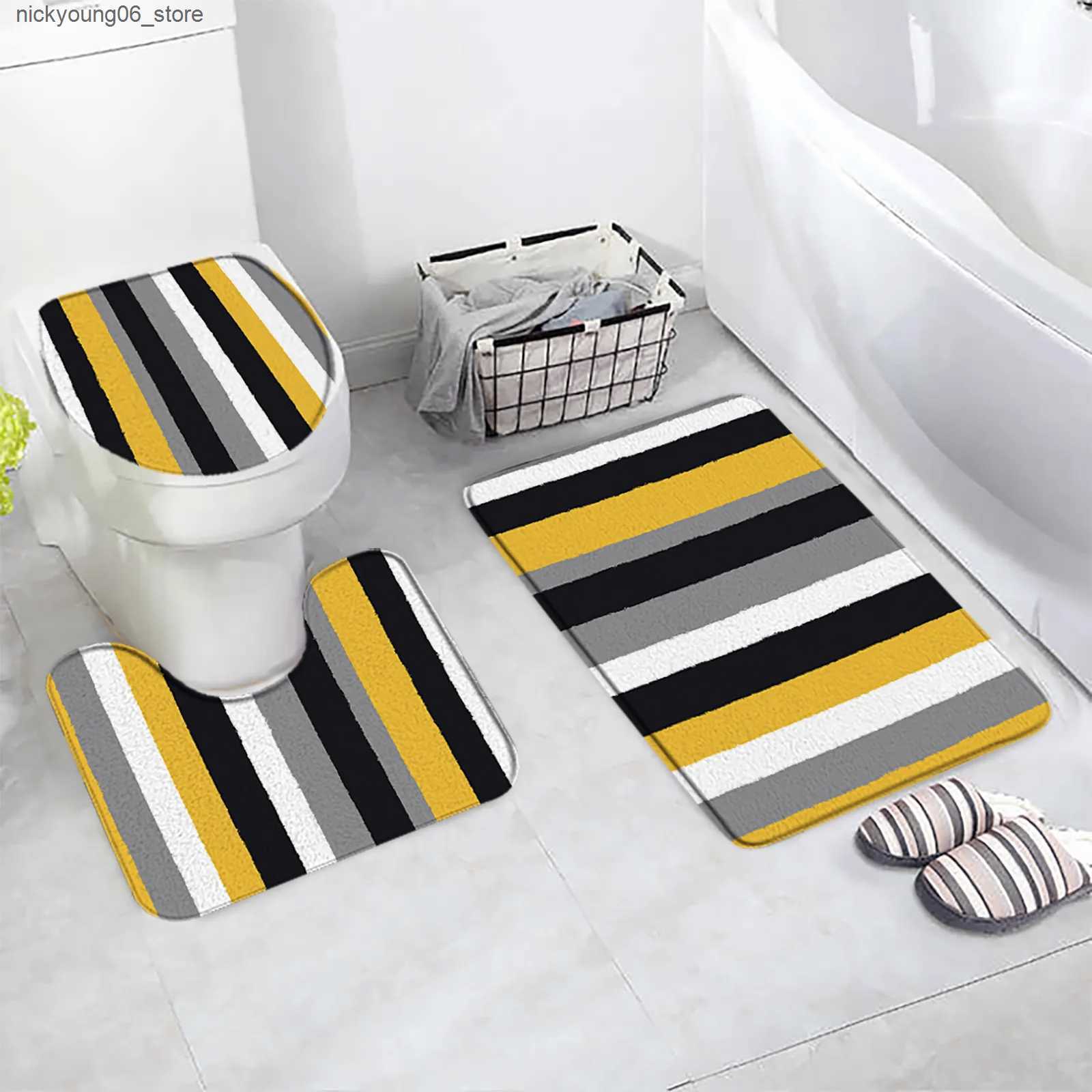 Non-Slip Bath Mats Black White Buffalo Plaid Bath Mats Sets Gray Square Creative Geometric Bathroom Decor Carpet Door Rugs Non-slip Toilet Lid Mat L24