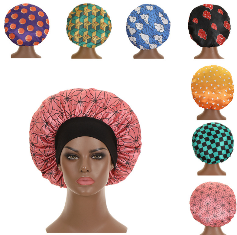 Women Cartoon Satin Sleeping Hat Bonnet Hair Care Wide Band Night Sleep Cap Salon Makeup Elastic Muslim Hijab Head Cover