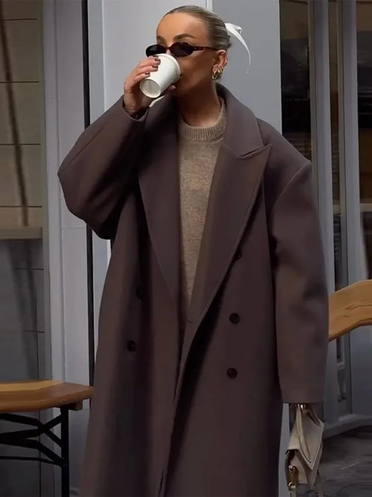 Casual Solid DoubleBreasted Long Coat Vintage Loose Turndown Collar Brown Maxi Coats Lady Winter Elegant Street Outwear 240930