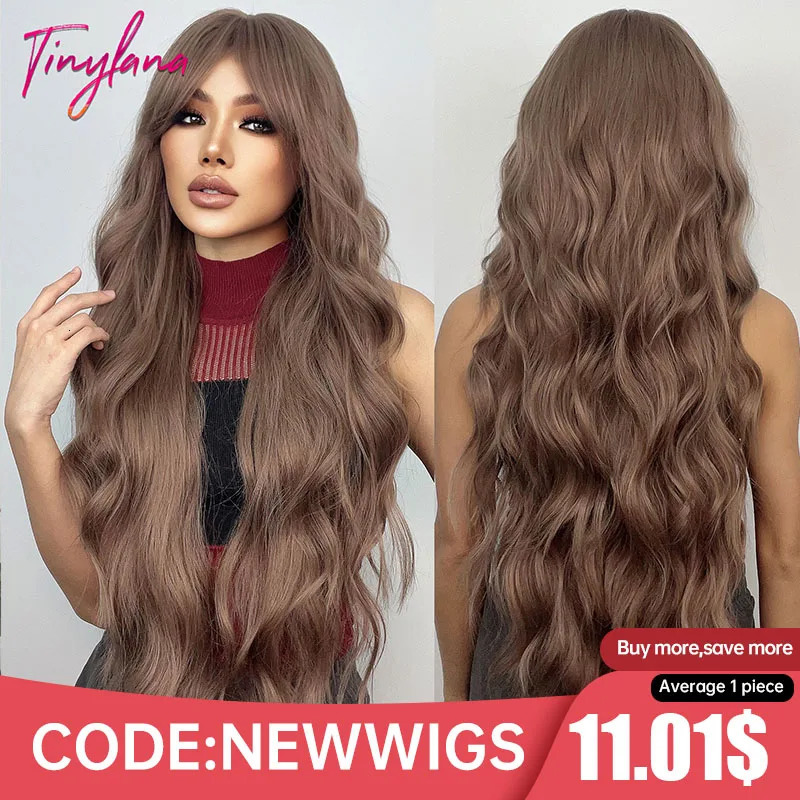 Ultra long curly chocolate brown synthetic hair wig with bangs African female role-playing water wave natural heat-resistant wig 241007