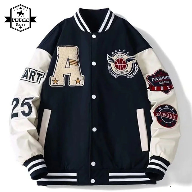 Mens Spring and Autumn School Clothes Embroidered Korean Fashion Loose Baseball Uniform Couple Blue Retro Leather Jacket Bomber Coat 241010
