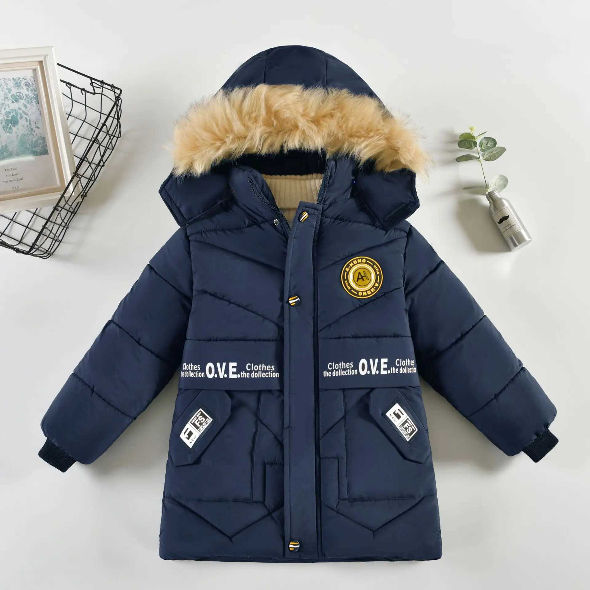 Down Coat Winter thick warm zipper long jacket for boys casual cotton apron jacket childrens fur hooded activity jacket 4 5 6 7 8 years old H241010