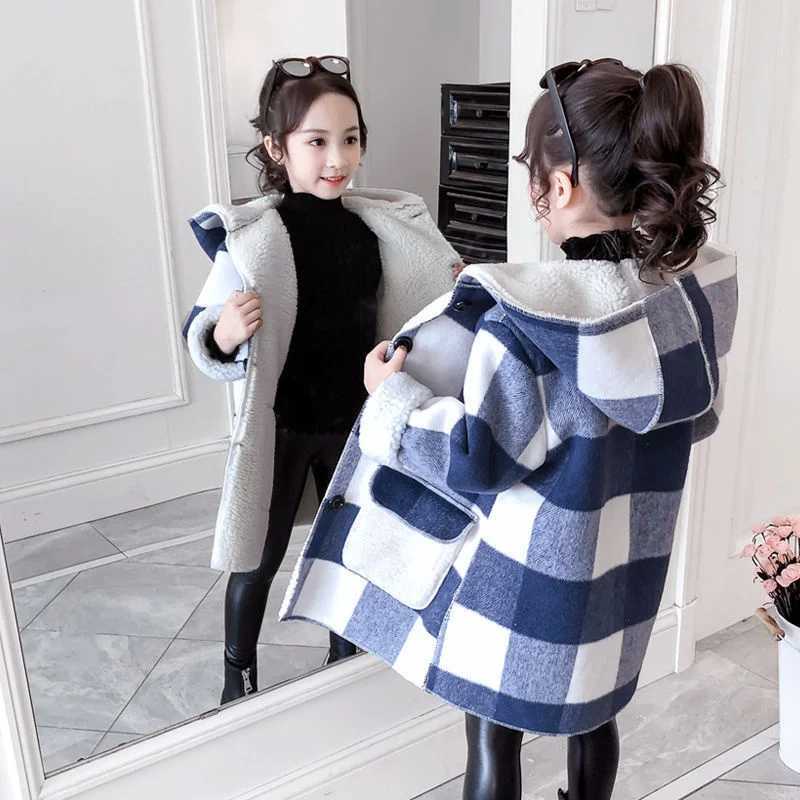 Down Coat Fashion Girls clothing Jackets Autumn Winter parka Clothes Medium Long coat windbreaker Plaid Thicken Lamb Children Woolen Coats H241010