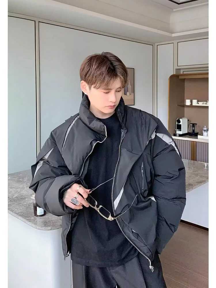 Men's Down Parkas American oversized Parka mens color block pleated paddle jacket high waist loose fit warm zipper jacket winter casual top Y2410