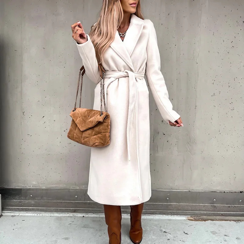 Women Chic Wool Blends With Belt Solid Long Sleeve Adjustable Waist XLong Coats Outerwear Turn Down Collar Elegant 241008