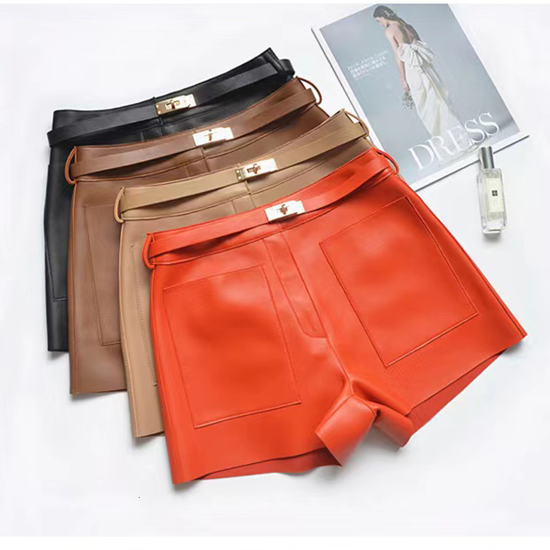 Real Sheepskin Women New Arrival 2024 Casual Genuine Leather Shorts Versatile White Belt Botton Short Mujer Pant
