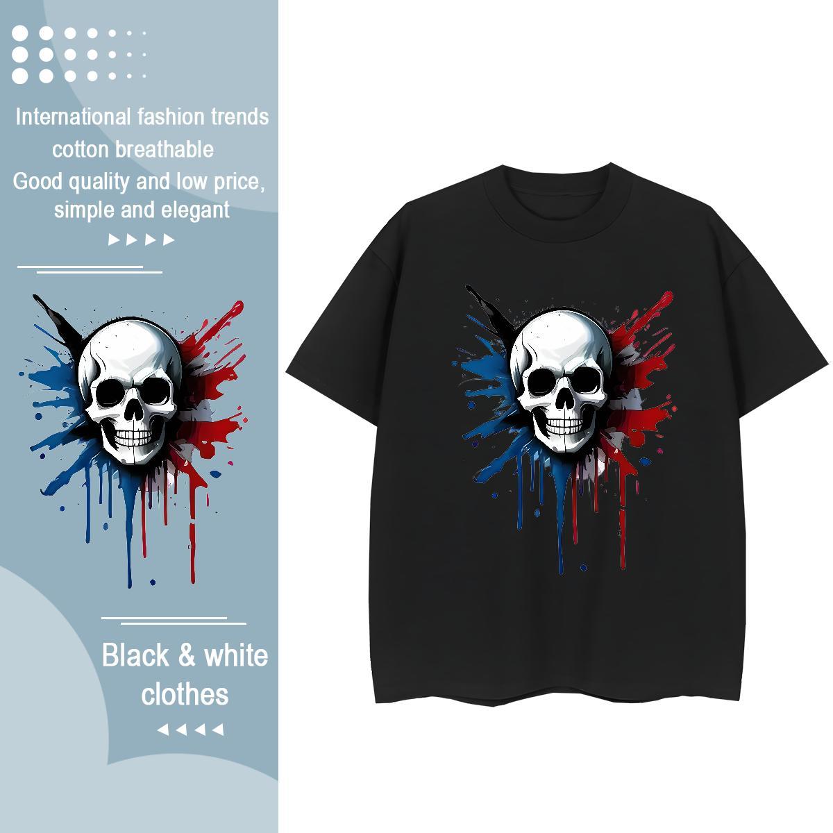 2024 Casual T-Shirts 230g Pure Cotton Round Neck Short Sleeve Daily Outfit skull Women Tshirts Loose DIY Anime Printed Clothes Shirt