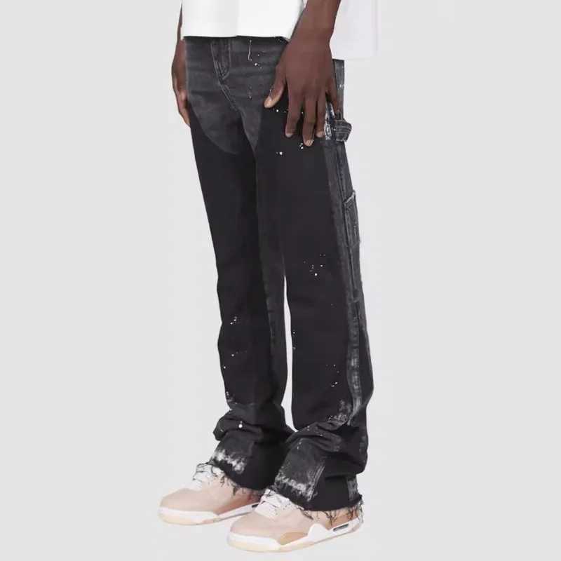 Y2k Jeans Men Painting Patch Baggy Stacked Jeans 2024 Fashion Work Wear Popular Stretch Patch Denim Stacked Flare Jeans PantsX241009