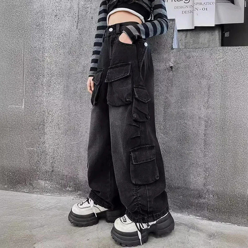 Womens cargo jeans spring loose casual elastic waist wide leg pants for teenagers streetwear childrens Trousers 241008