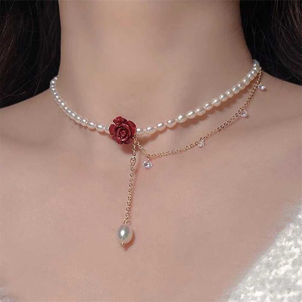Red Rose Flower Crystal Pearl Necklace Exquisite Design Double Layer Rhinestone Clavicle Chain Chram Jewelry AccessoriesX241009