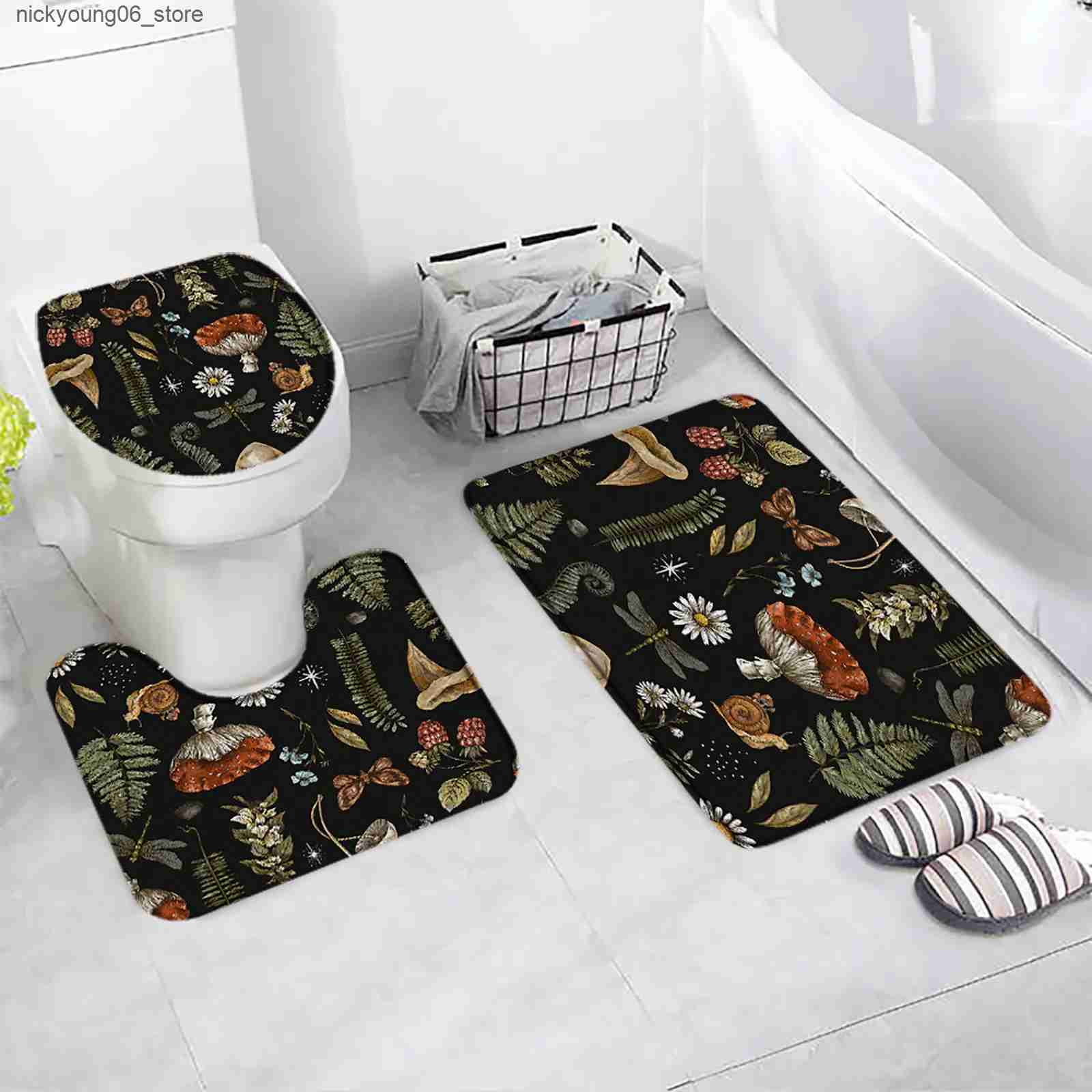 Non-Slip Bath Mats Vintage Mushroom Bath Mat Set White Daisy Floral Dragonfly Snail Green Leaves Plant Black Carpet Bathroom Decor Rug Toilet Cover L2