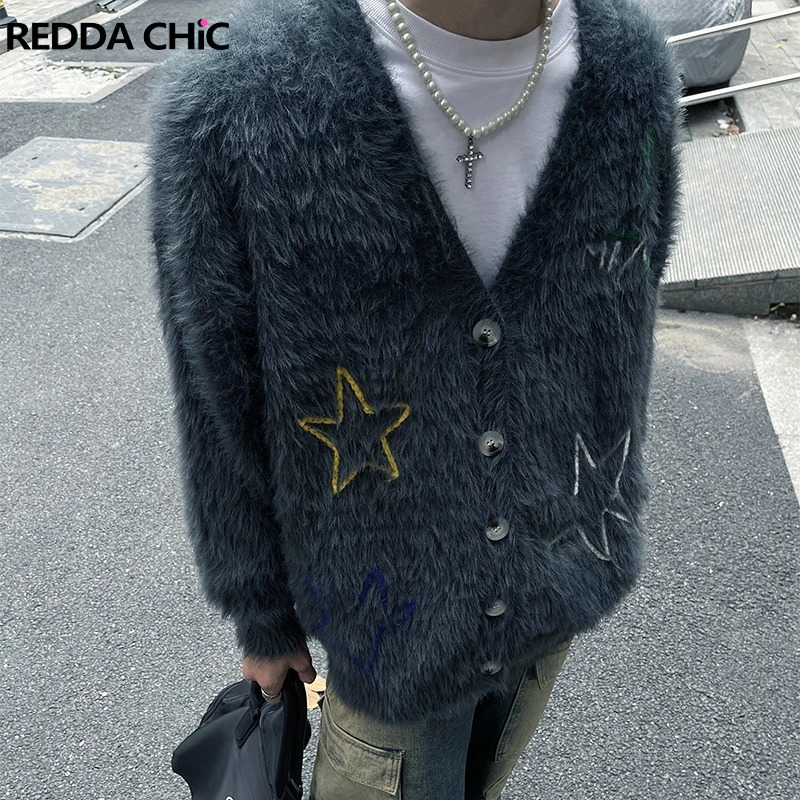 ReddaChic Star Y2k Mohair cardigan mens embroidered V-neck long sleeved button up front knit jacket Grunge vintage clothing 241007
