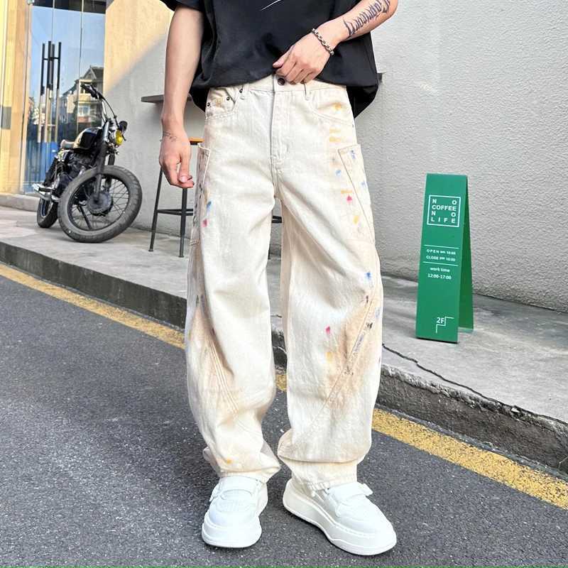 High-end personalized hand-painted loose jeans mens straight-legged wide-legged pants influx of mens denim male modelsX241009
