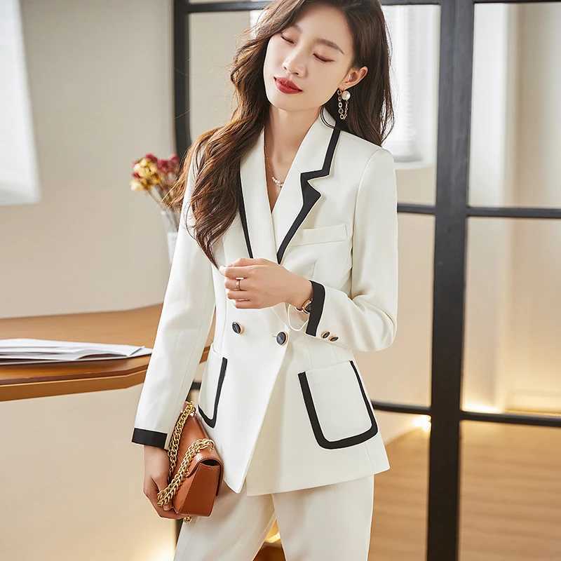 White green womens autumn winter pants set office womens formal business workwear 2-piece jacket and Trouser W241009