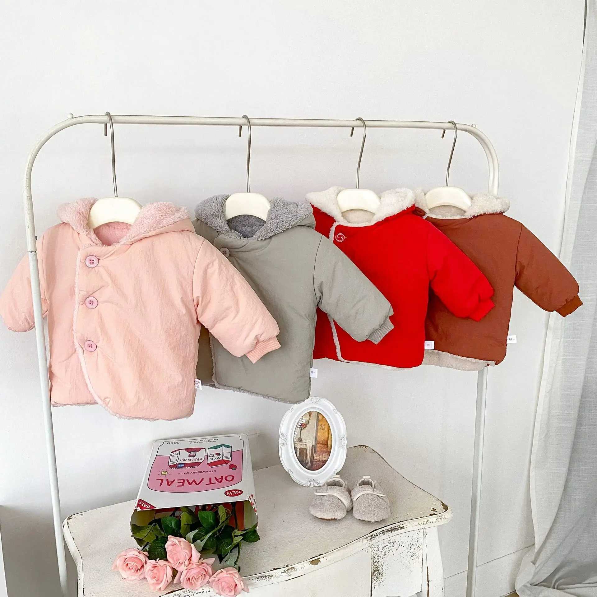 Down Coat Winter Baby Girl Parkas Cotton Hoodie with Velvet Buttons Solid Thick Warm Baby Girl Coat Preschool Girl Jacket H241010
