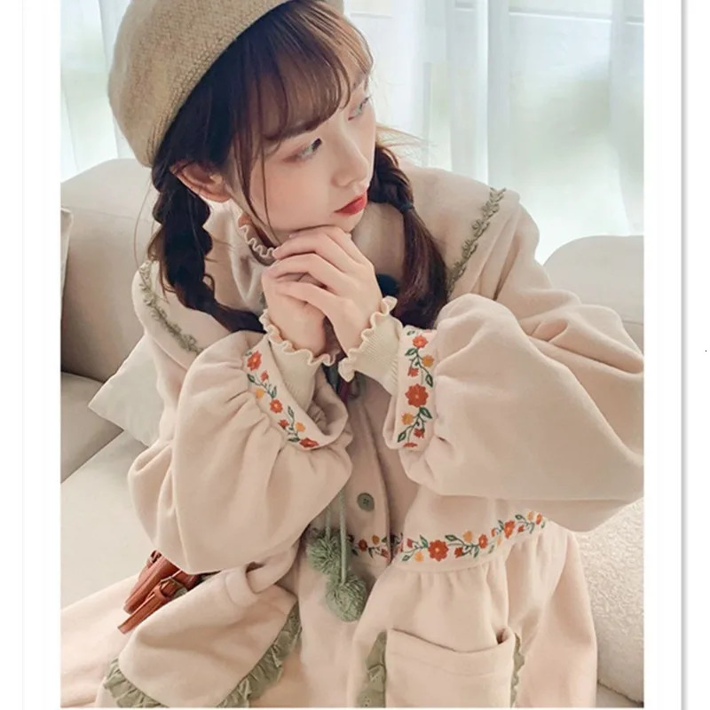 Women Coats Peter Pan Collar Ruffle Embroidered Single Breasted Coat Autumn Sweet Mid Length Large Pocket Lady Clothing 240930