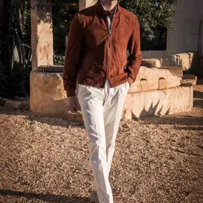 Mens Fashion Jacket Autumn New Retro Suede Hot Coat Solid Color Stand up Collar Open Fleece Sweater Retro Bomber Baseball Shirt Z241010