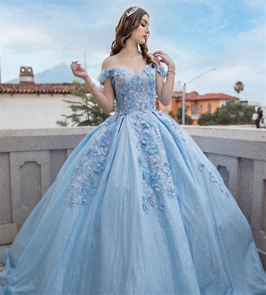 Glitter Light Blue Quinceanera Dresses With 3D Florals Sparkly Beaded Vestidos De 15 Xv Anos Elegant Charro Sweet 16 Formal Gown Vestido De Debutante 