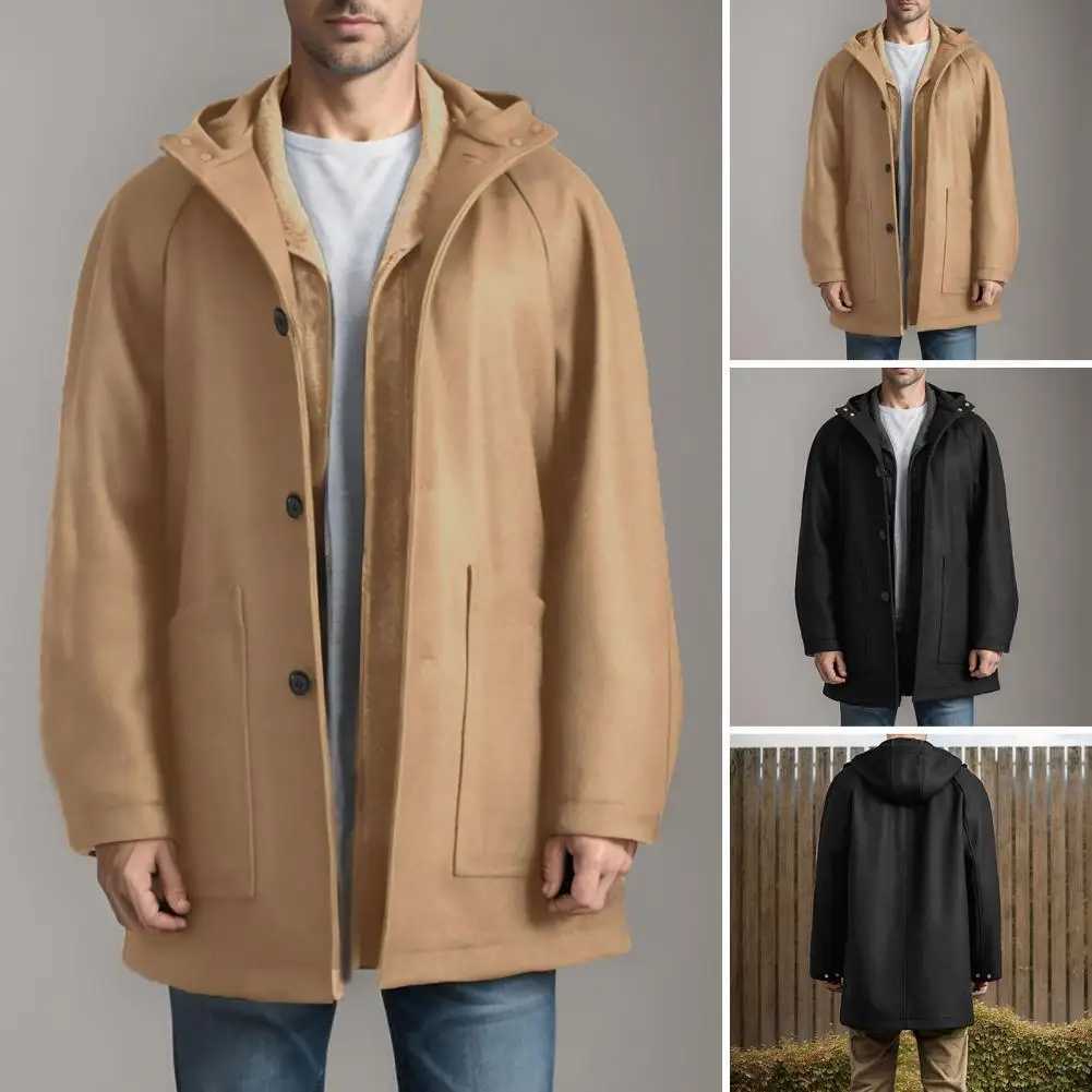 Mid-length Woolen Outwear Stylish Mens Hooded Woolen Coat with Pockets Raglan Sleeve Outwear for Winter Single Breasted LX241010