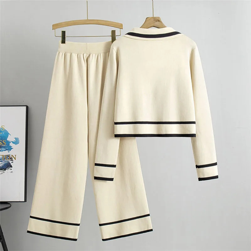 Korean Knitted Sweater Short Top Set High Waist Wide Leg Pants Casual and Fashionable Spring Conjunto Soft 2piece 241008