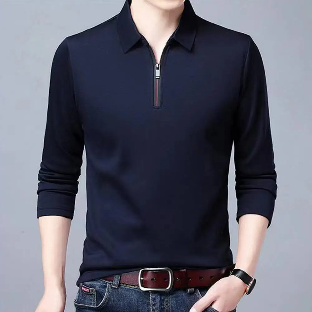 Fashion Men Business Shirt Lapel Zipper Neckline Long Sleeve Pullover Tops Spring Autumn Slim Fit Work T-shirt 241010
