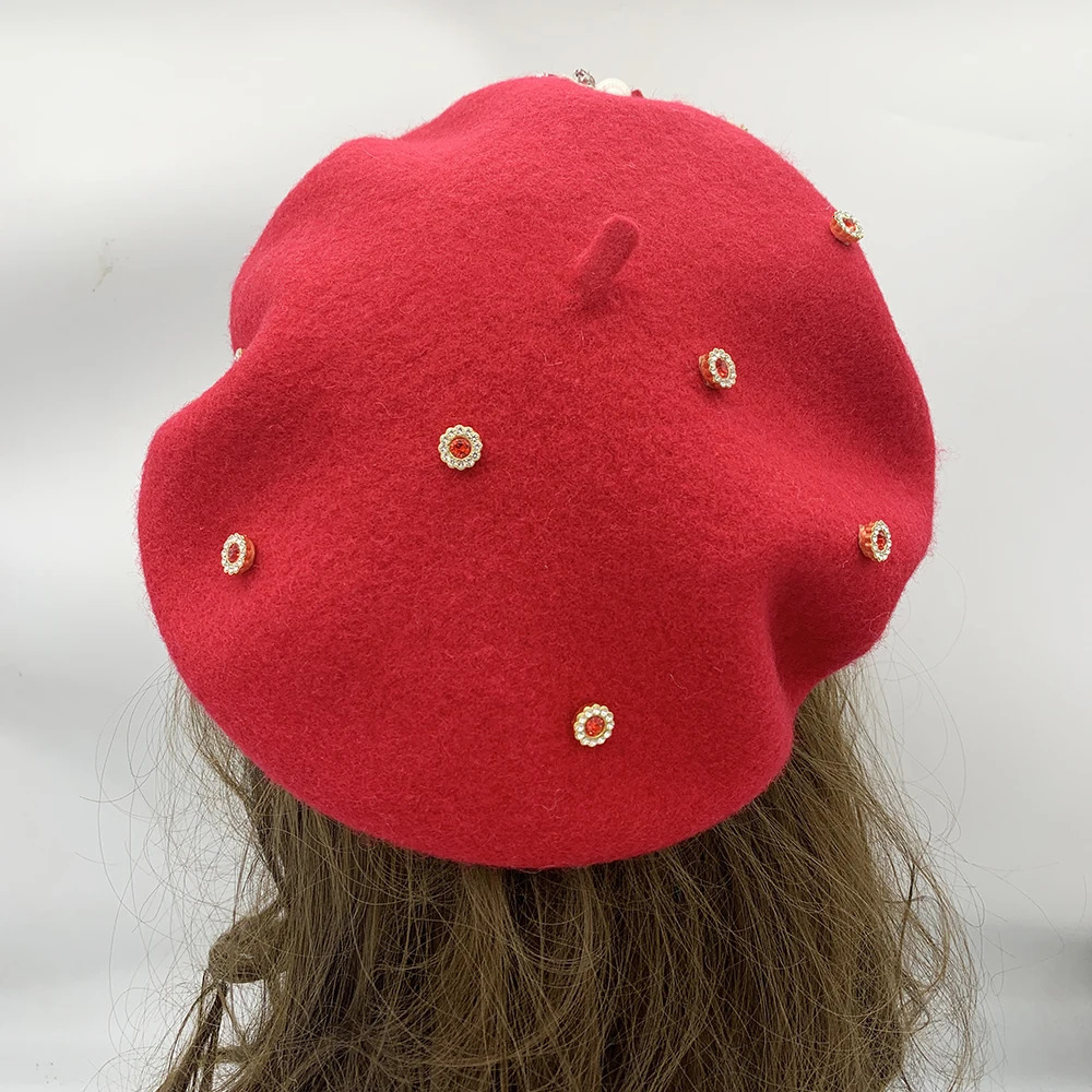 2024 Winter Autumn Womens Beret Hat Flower Diamonds Lady Beanies Cap French Retro Female Head Wrap Bonnet 241009