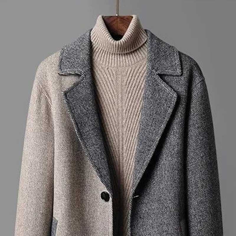 Korean Trench Coat Autumn Winter Men Mid-length Woolen Coat Youth Japan Loose Windbreaker Suit Collar Color Match Jacket Urban LX241010