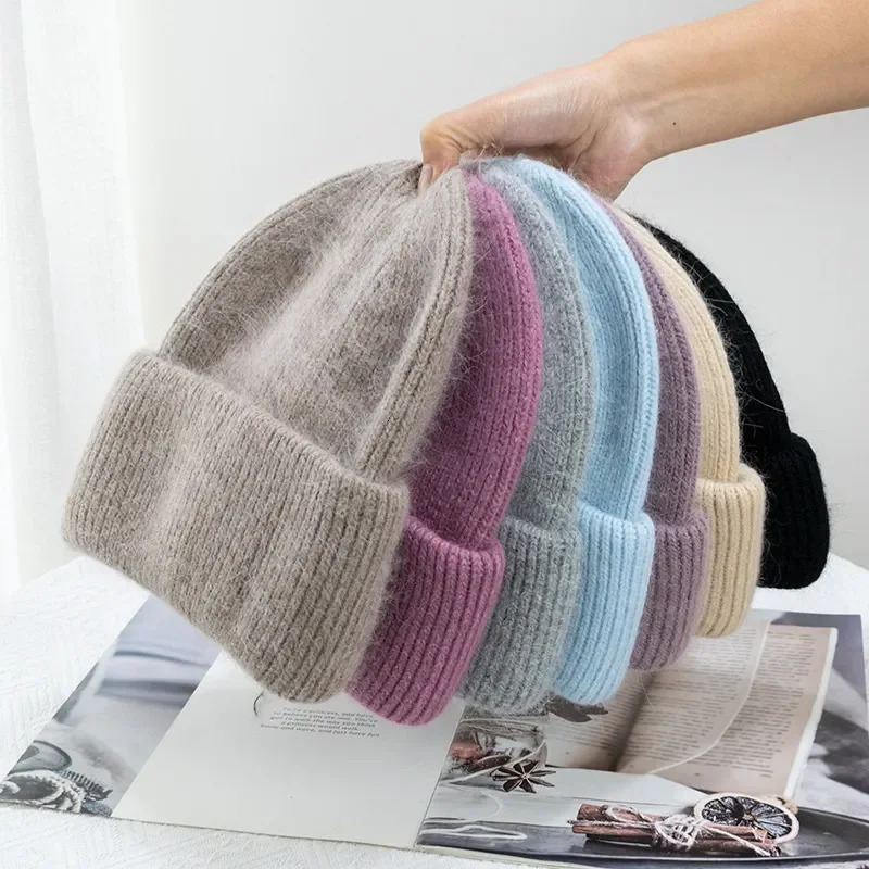 Winter Knitted Beanies Fashion Warm Cashmere Wool Skullies Angola Rabbit Fur Women Cap Female Three Fold Ski Outdoor Hats 241007